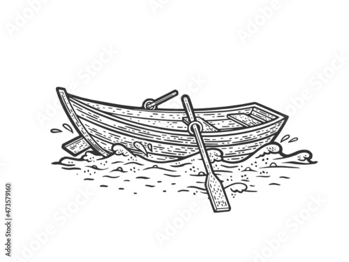 Wooden boat on water waves sketch engraving vector illustration. T-shirt apparel print design. Scratch board imitation. Black and white hand drawn image. © Oleksandr Pokusai