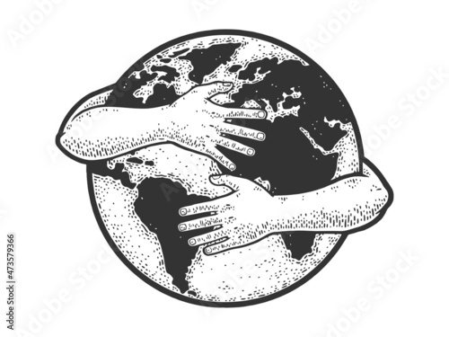 Fototapeta Earth hugs sketch engraving vector illustration