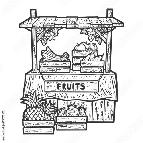 fruits street trade shop sketch engraving vector illustration. T-shirt apparel print design. Scratch board imitation. Black and white hand drawn image.
