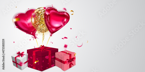 Vector illustration for Valentine's Day with helium balloons, small blurry pieces of serpentine and several red, pink and white gift boxes with ribbons, bows and pattern of hearts, on light background