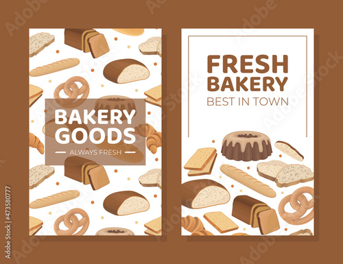 Bakery goods cards set. Bakery shop, baked pastry and patisserie products vector illustration