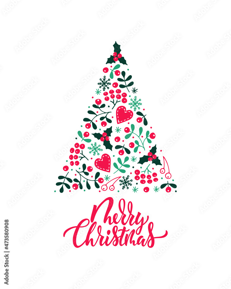 Merry Christmas text and christmas tree with holidays symbols drawing in doodle style. Hand lettering typography. Modern brush calligraphy. Vector illustration for icon, badge, banner, poster, card Merry Christmas text and christmas tree with holidays symbols drawing in doodle style. Hand lettering typography. Modern brush calligraphy. Vector illustration for icon, badge, banner, poster, card