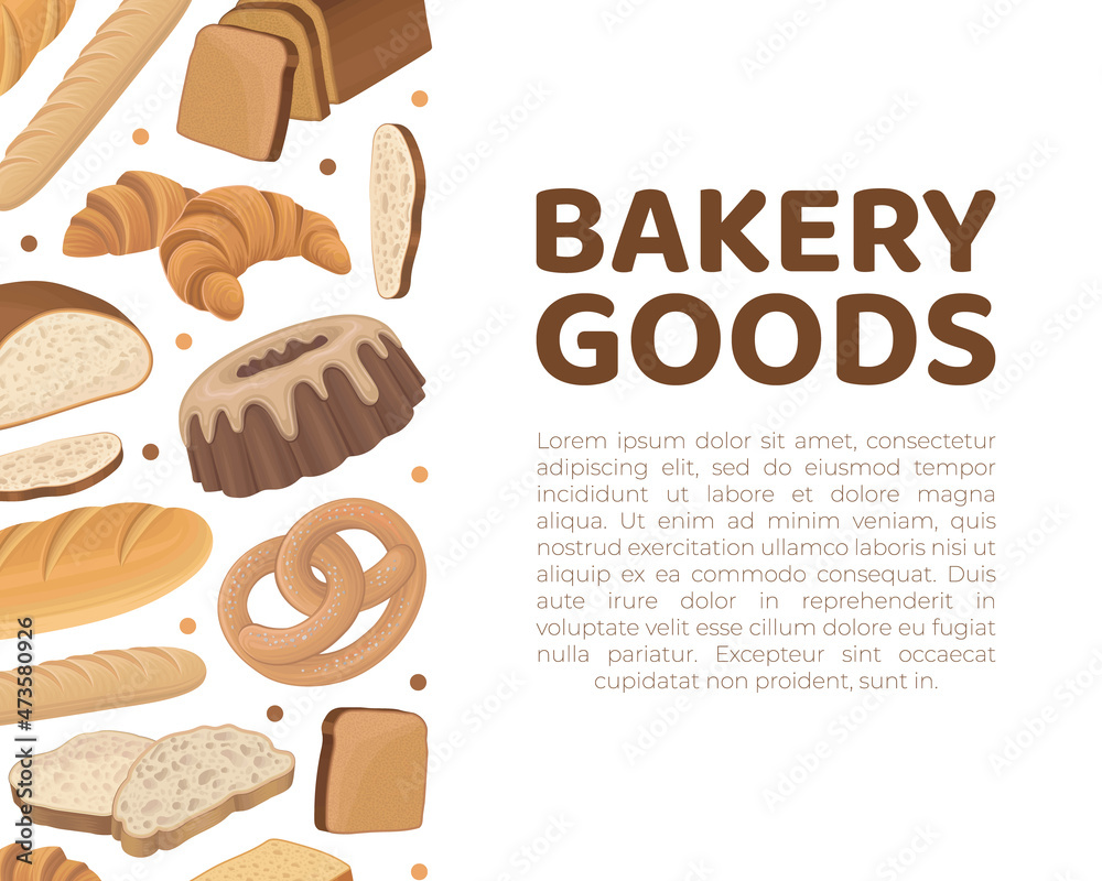 Bakery goods banner. Baked pastry and patisserie products card, brochure template with place for text vector illustration