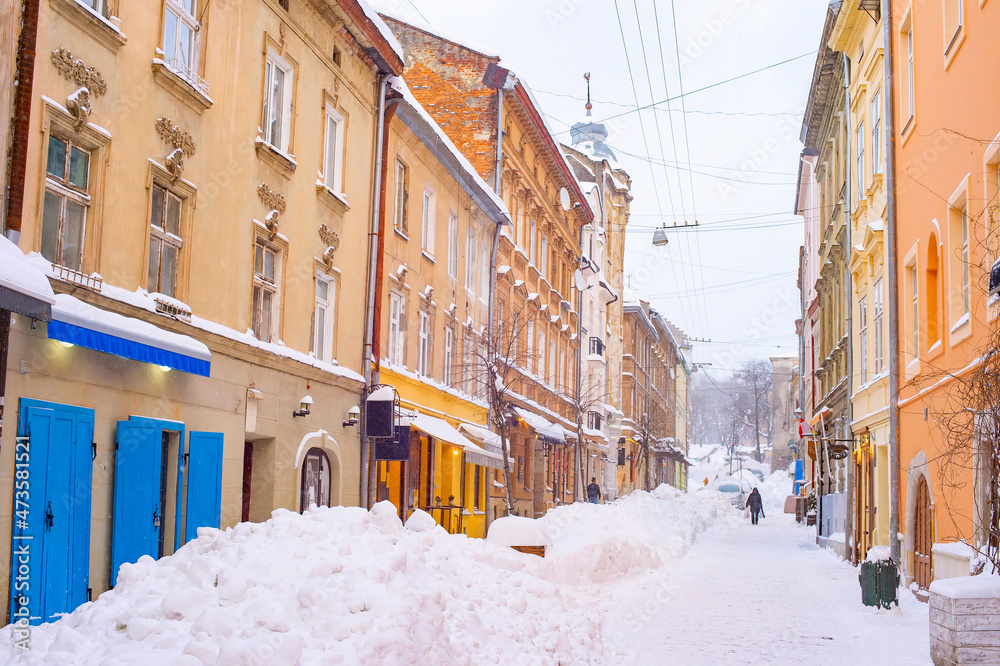 Snow winter town Lviv Ukraine
