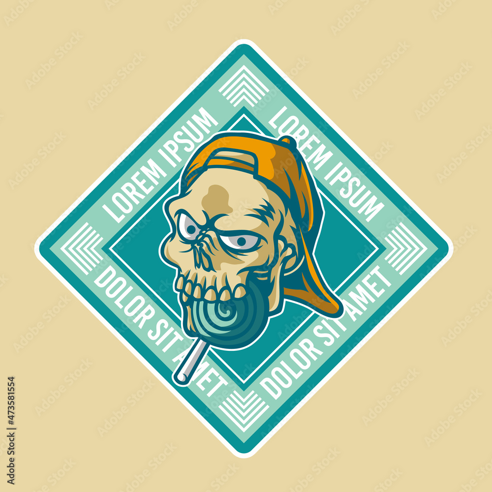 retro college patch of skull biting a candy, this cool image is suitable for extreme sport team logo like skateboard, bmx, etc, can be used t-shirt or merchandise design