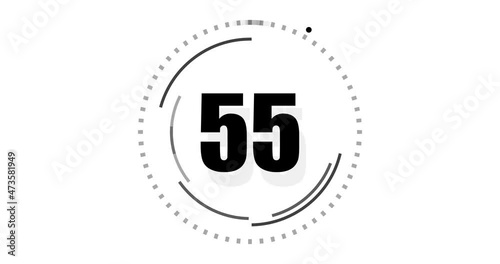 Countdown timer animation from 60 to 0. Modern minimal art design animated black number on white background for keying. 4K video animation. Time motion graphic. One minute countdown.  photo