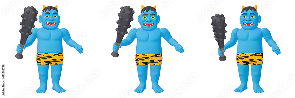 節分のイラスト素材　鬼のキャラクター（1_1 3 4）　青　カット3点セット