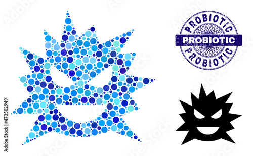 Round dot combination virus cell icon and PROBIOTIC round textured stamp. Blue stamp seal includes PROBIOTIC tag inside circle and guilloche pattern. Vector mosaic is based on virus cell icon,