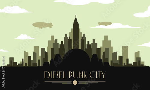 Diesel punk skyline city vector urban landscape in 1950's. Retro City scape.