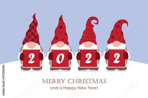 christmas greeting card 2022 with cute christmas dwarf and snowy landscape