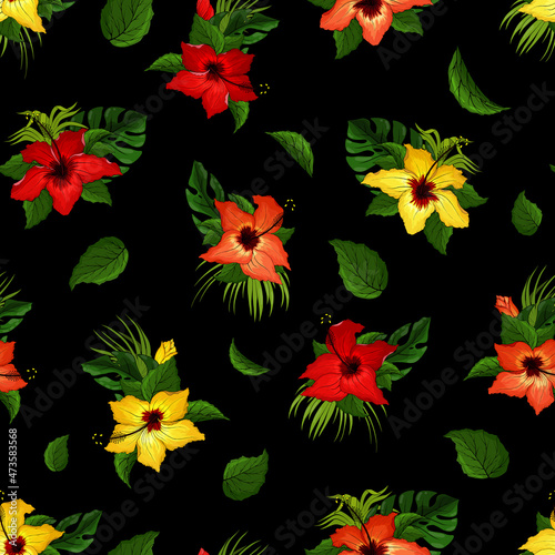 Fototapeta Naklejka Na Ścianę i Meble -  Hibiscus flowers, monstera, palm leaves seamless pattern. Red, yellow, orange, green and black floral tropical endless texture. Exotic bright boundless background. Summer paradise plant surface design