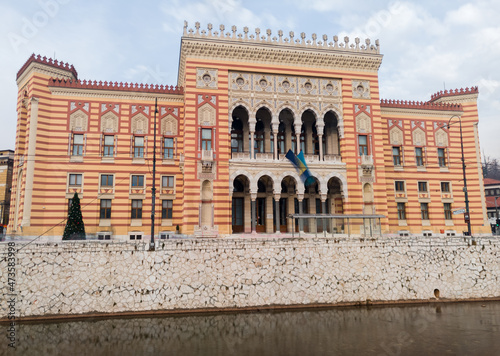 Sarajevo City Hall on the banks of the Miljacka River in Sarajevo photo