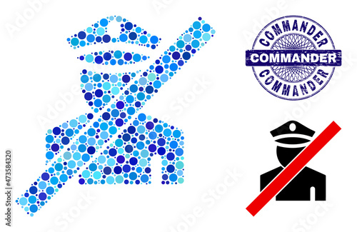 Rounded dot mosaic wrong policeman icon and COMMANDER round corroded stamp seal. Blue stamp seal includes COMMANDER tag inside circle and guilloche pattern.
