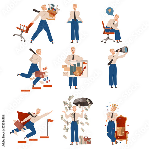 Business people activities set. Male entrepreneur solving problems, thinking about ideas, striving to success vector illustration