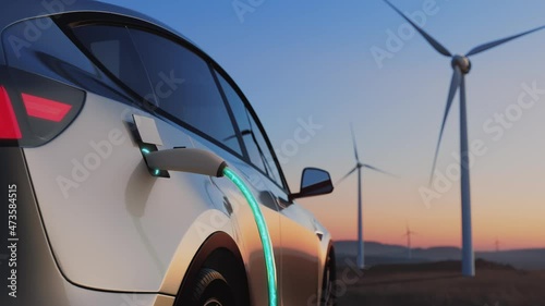 Electric car charging on the background of a windmills. Back view at sunset. Electric vehicle charging port plugging in car.Realistic 3d visualization.Alternative Energy.Renewable energy technologies.