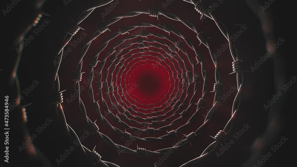 Seamless looping zoom on rotating barbed wire circles. Dark red animated background and subtle particles.