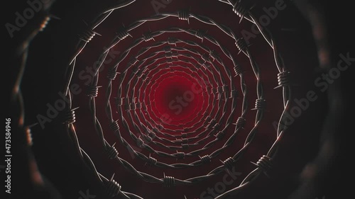 Seamless looping zoom on rotating barbed wire circles. Dark red animated background and subtle particles.