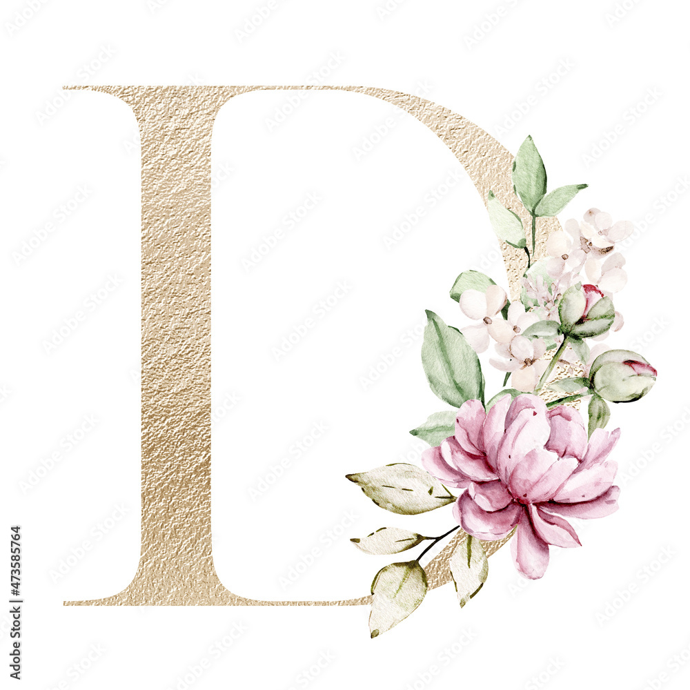 Floral alphabet, gold letter d with watercolor flowers and leaf. Golden