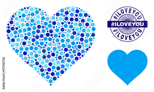 Rounded dot mosaic love heart icon and #ILOVEYOU round grunge stamp. Blue stamp seal includes #ILOVEYOU title inside circle and guilloche ornament. Vector mosaic is based on love heart icon, photo