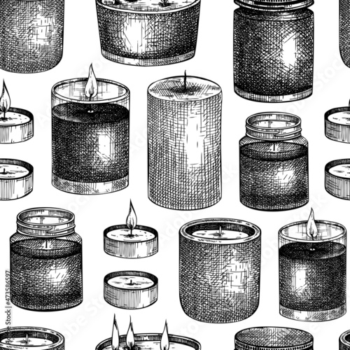 Hand-sketched aromatic candles backdrop. Vector seamless pattern with vintage jars and containers. Scented candles background for relaxing, aromatherapy, hobby, handcrafts, candle making.