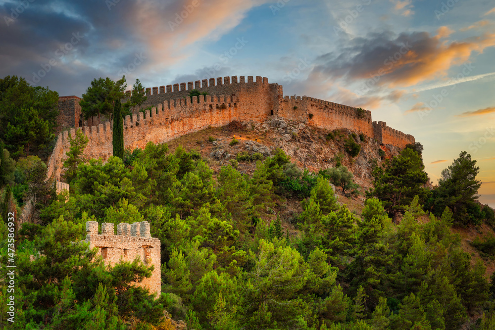 Scenery of the Alanya castle walls at sunset, Turkey