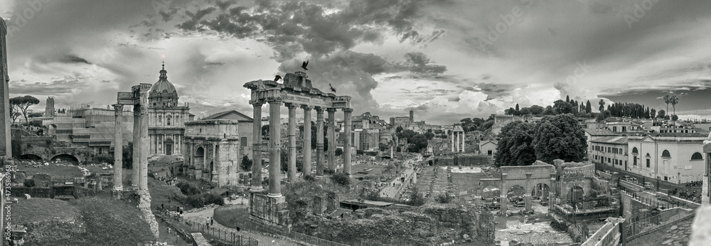 Roman Forum, one of the main attractions of Rome and Italy. Photo in BW