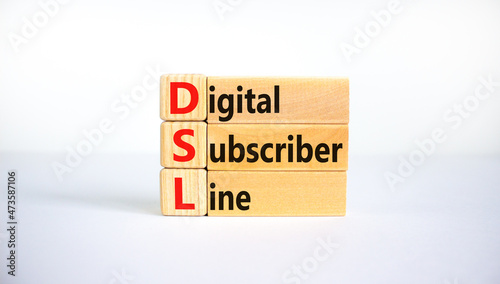 DSL digital subscriber line symbol. Concept words DSL digital subscriber line on blocks. Beautiful white background, copy space. Business and DSL digital subscriber line concept.