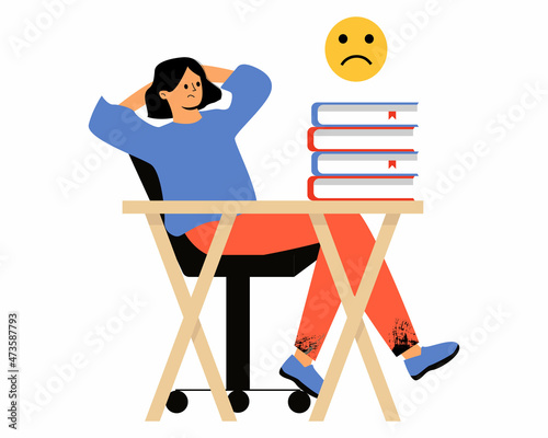 The upset girl is sitting at the table. A lot of work, study.. Vector illustration