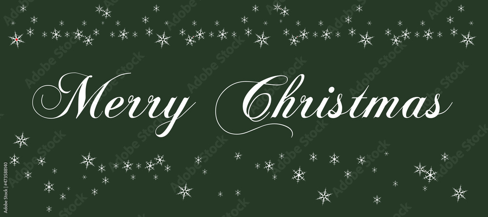 White lettering Merry Christmas with a lot of snowflakes on green background. Christmas traditional greeting card 