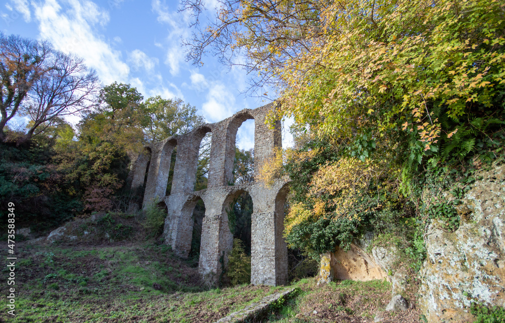 Ruins of Roman Aqueduct located in Ancient Monterano,Canale Monterano,Italy.With the great beauty among natural environment surrounding,still good preserves the traces of the past.Side view