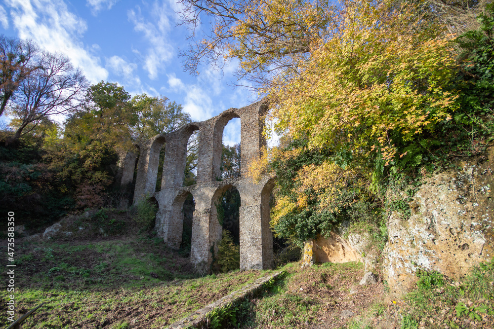 Ruins of Roman Aqueduct located in Ancient Monterano,Canale Monterano,Italy.With the great beauty among natural environment surrounding,still good preserves the traces of the past.Side view