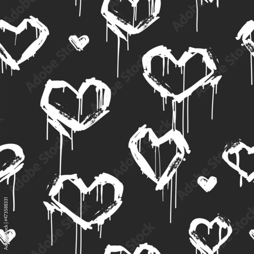 Vector graffiti white hearts tags in grunge style seamless pattern on black background. Hand drawn hearts endless background. Rock Hearts in graffiti art