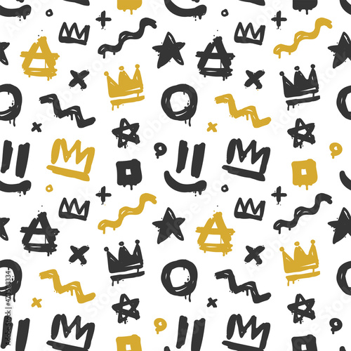 Abstract graffiti art seamless pattern of squiggle and crown tags hand drawn vector. Graffiti style vector background for print fabric and textile design. Street art seamless pattern