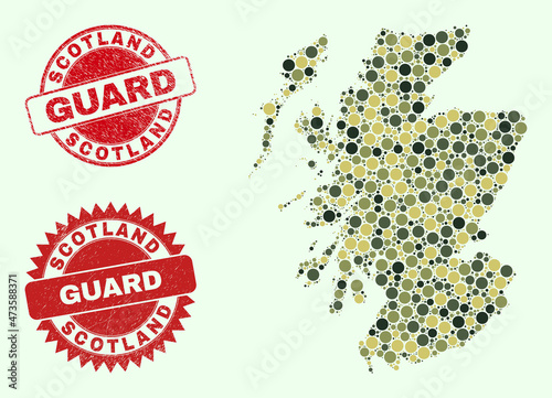 Vector round parts combination Scotland map in khaki colors, and unclean stamp prints for guard and military services. Round red stamp seals include phrase GUARD inside. photo