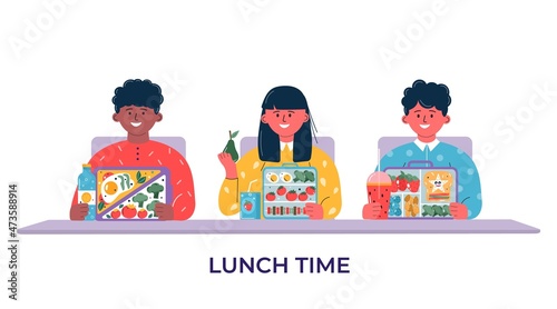 Boys and girls having breakfast or lunch meals. Kids, people eating, drinking diverse food, drinks. Children school lunch boxes with meal, hamburger, sandwich, juice, snacks, fruit, vegetables.Vector