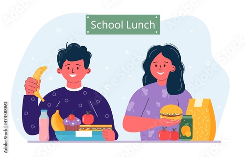 Boys and girls having breakfast or lunch meals. Kids, people eating, drinking diverse food, drinks. Children school lunch boxes with meal, hamburger, sandwich, juice, snacks, fruit, vegetables.Vector