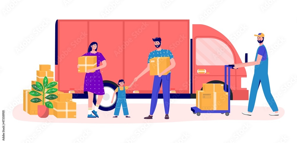 Family moves new home, house. People moving and collect supplies in boxes. Persone cartoon characters packing belongings. Young gay unpacking concept, delivery, relocation, move box