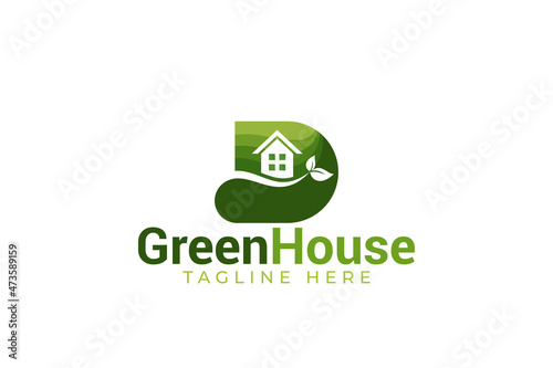 green house logo with a combination of a house, leaves, and letter D as the icon.