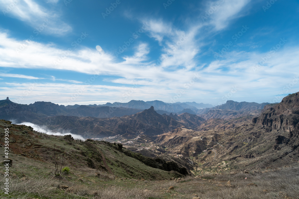 Panoramic view. Landscape of the top of Gran Canaria island with Rock Bentayga in the background
