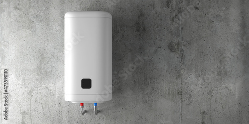 Modern Slim White Electric Water Heater on the Concrete Wall photo