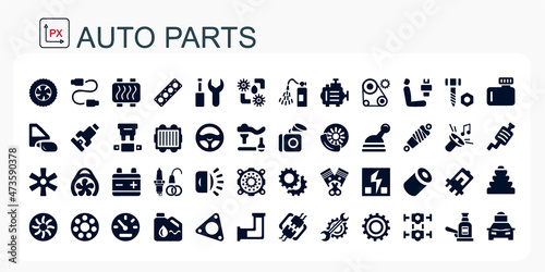 A set of vector icons and logos with car parts, batteries, transmissions, electrical equipment, engines and other special equipment. Car service. Auto parts store. Flat design. Isolated, editable.