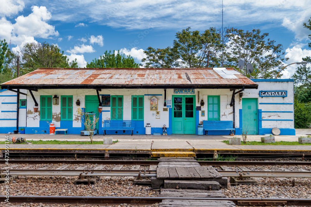 Fototapeta premium Facade of the old Gandara railway station, near Chascomus (Argentina)