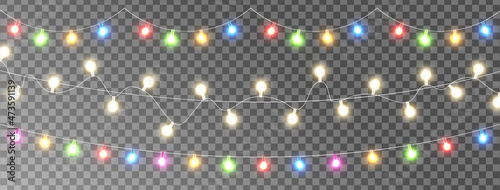 New Year garland lights decoration. Christmas color lights set. Led neon lamp. Glow colored bulb. Bright Celebration decoration for xmas cards, web banner, posters. Vector illustration