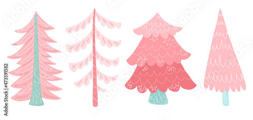 Vector Christmas set. Cartoon Christmas tree. Pink spruce.
