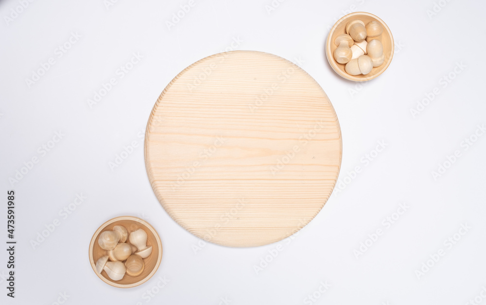Wooden cutting board in the kitchen with a place for writing on a white background Wooden cutting board in the kitchen with a place for writing on a white background