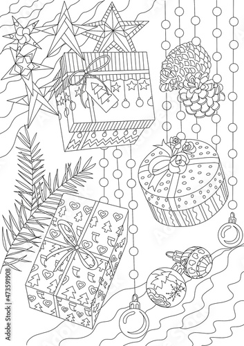 Coloring book for adults and children Christmas gifts, pine cones, Christmas toys