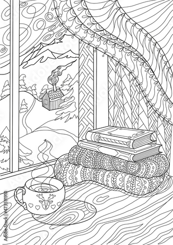 Coloring book for adults and children hygga. Cozy corner with a cup of hot tea, books by the window with a view of the snow-capped mountains