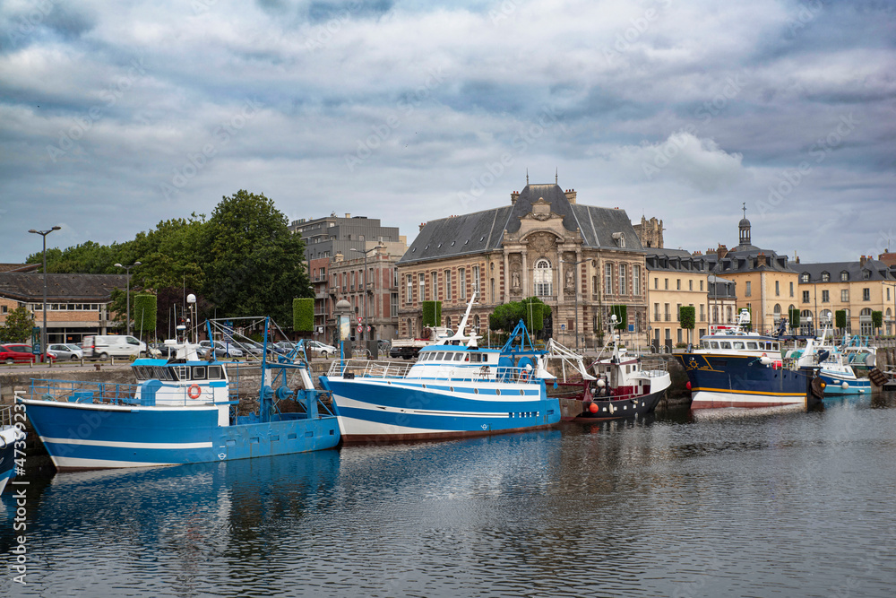 View of the town of Dieppe and its fishing port in Normandy, France