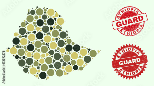 Vector round elements collage Ethiopia map in camouflage colors, and scratched stamp prints for guard and military services. Round red seals have word GUARD inside.