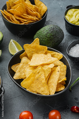Corn tortilla chips nachos and dip, on gray background